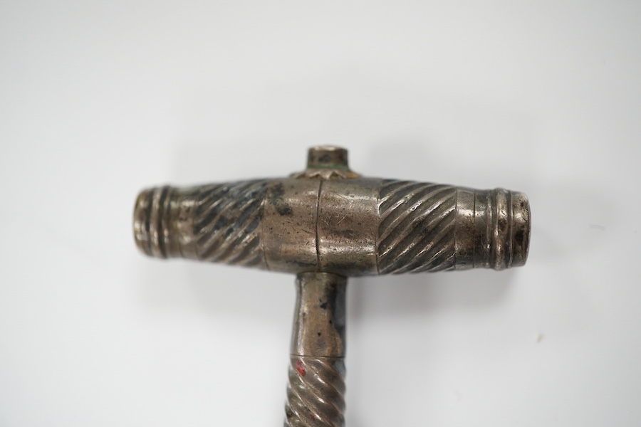 A George III silver travelling corkscrew, by Samuel Pemberton, circa 1800, maker's mark only, 78mm. Condition - poor